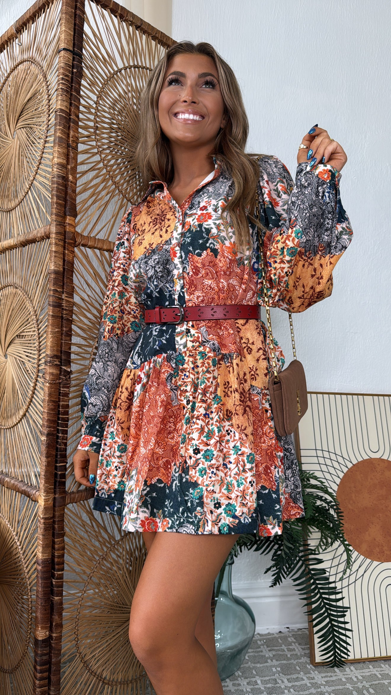 Nellie Patchwork Long Sleeve Mini Dress, Navy – Everyday Chic Boutique