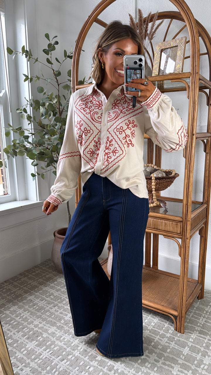 Prairie Bound Suede Button Up, Ecru/Rust