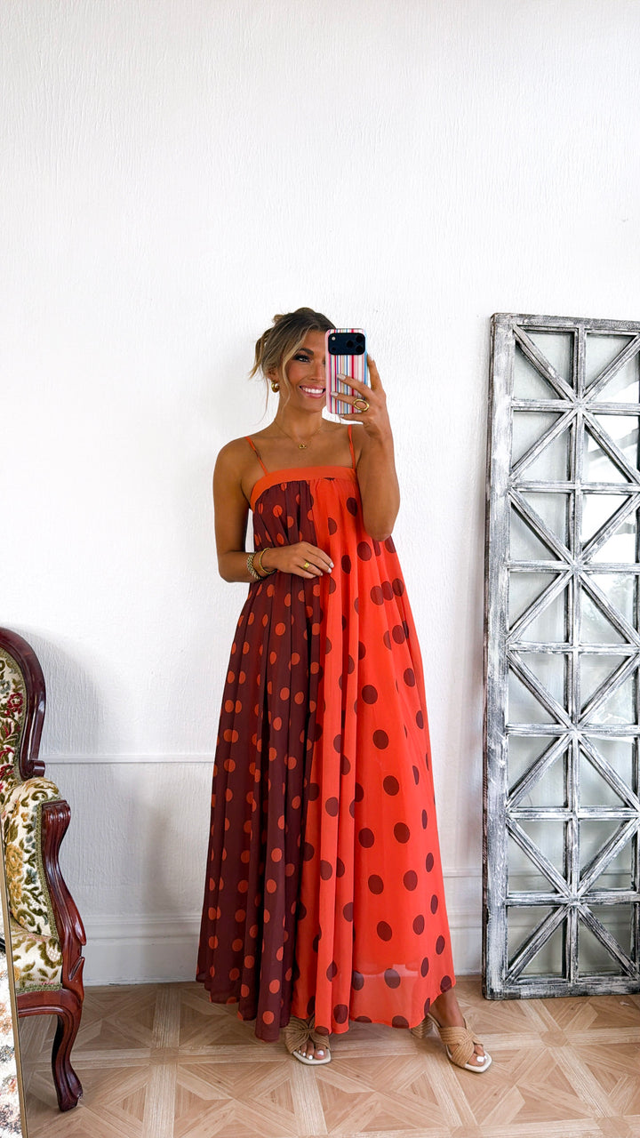 Polka Dot Color-Block Maxi Dress, Terracotta/Orange