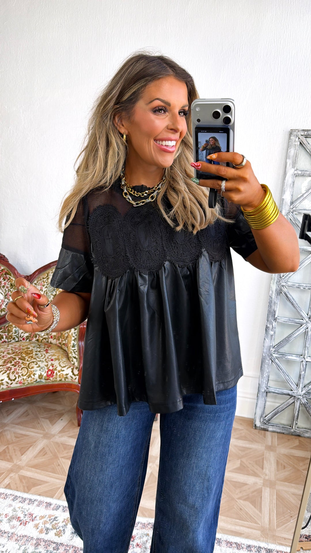 Simply Chic Leather Blouse, Black