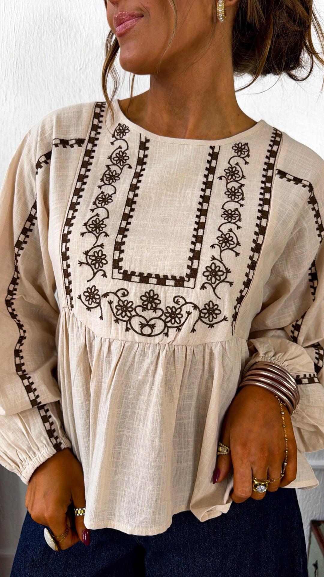 Genevieve Embroidered Blouse, Oatmeal