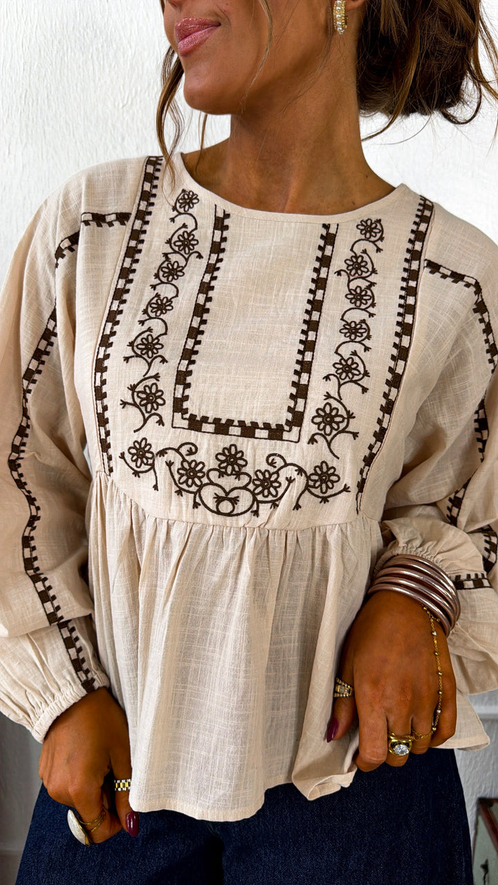 Genevieve Embroidered Blouse, Oatmeal