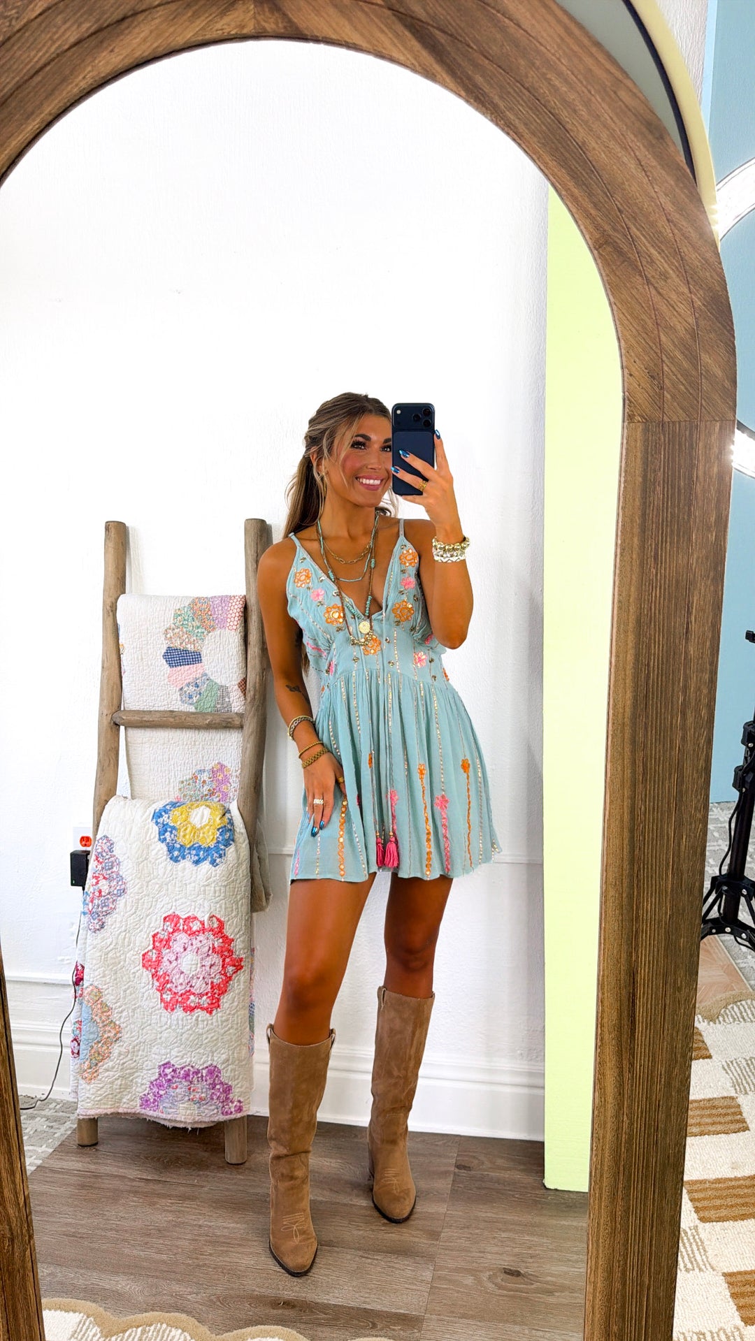 Sola Detailed Mini Dress, Lt. Seafoam