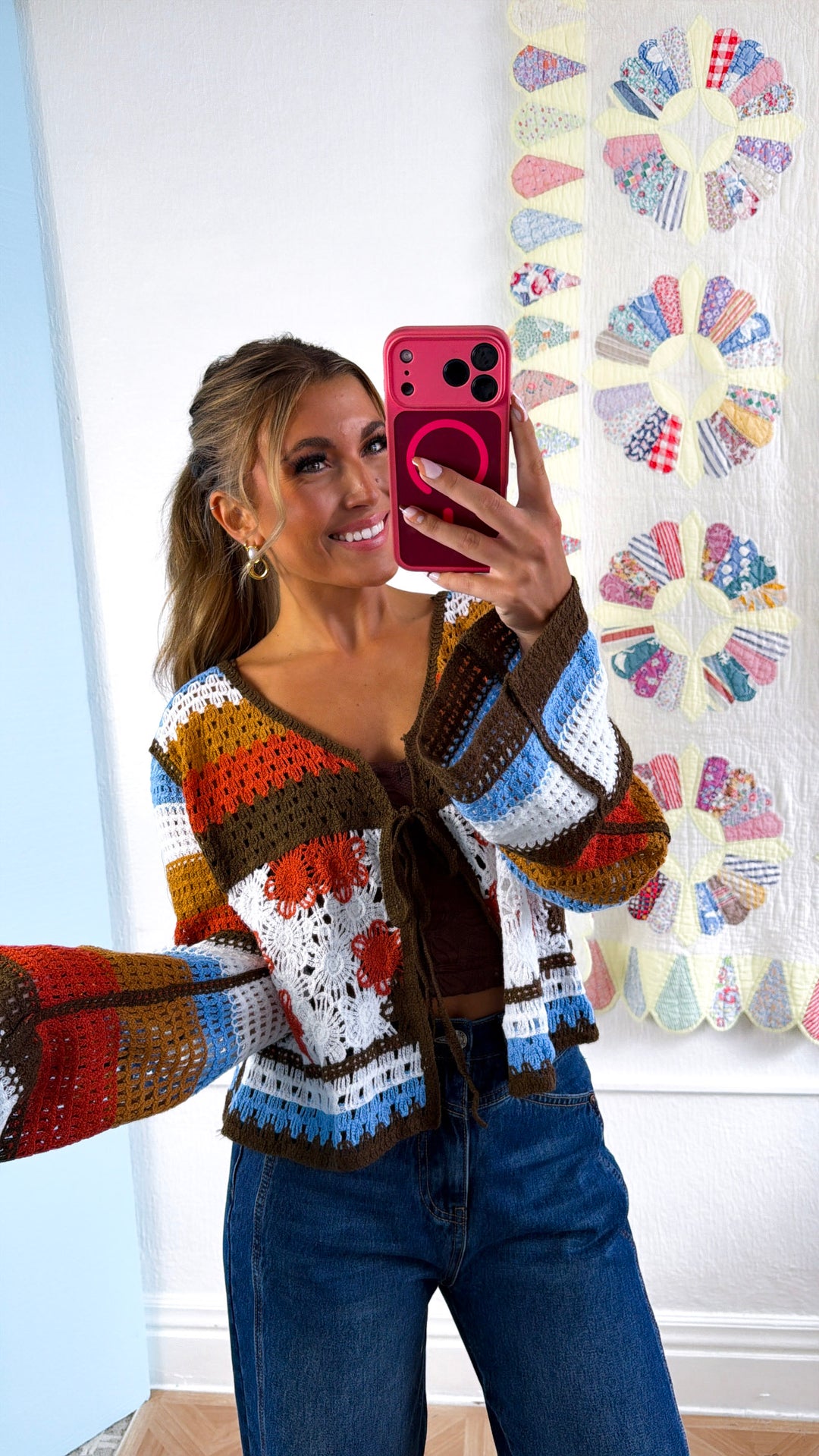 Ocean Stitch Knit Cardigan, Orange Multi