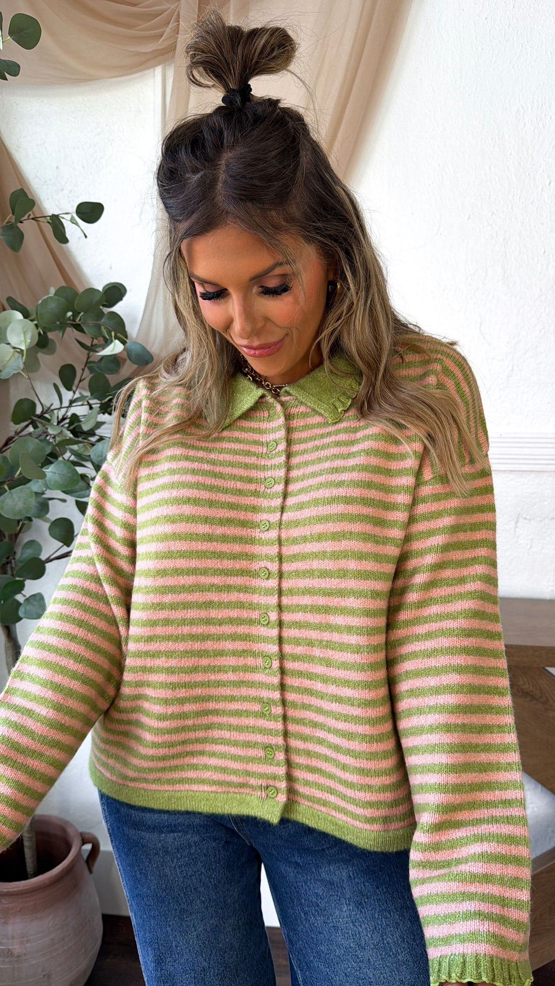 Stripe Button Up Cardigan, Olive/Pink
