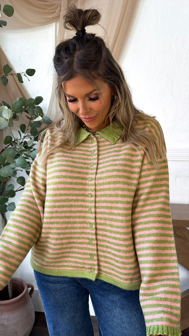 Stripe Button Up Cardigan, Olive/Pink
