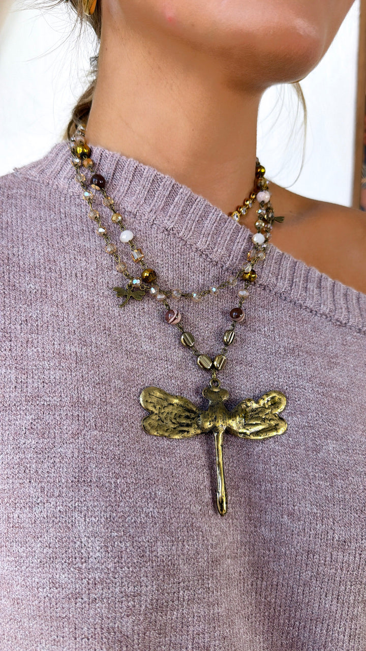 Whispering Bronze Dragonfly Layered Necklace