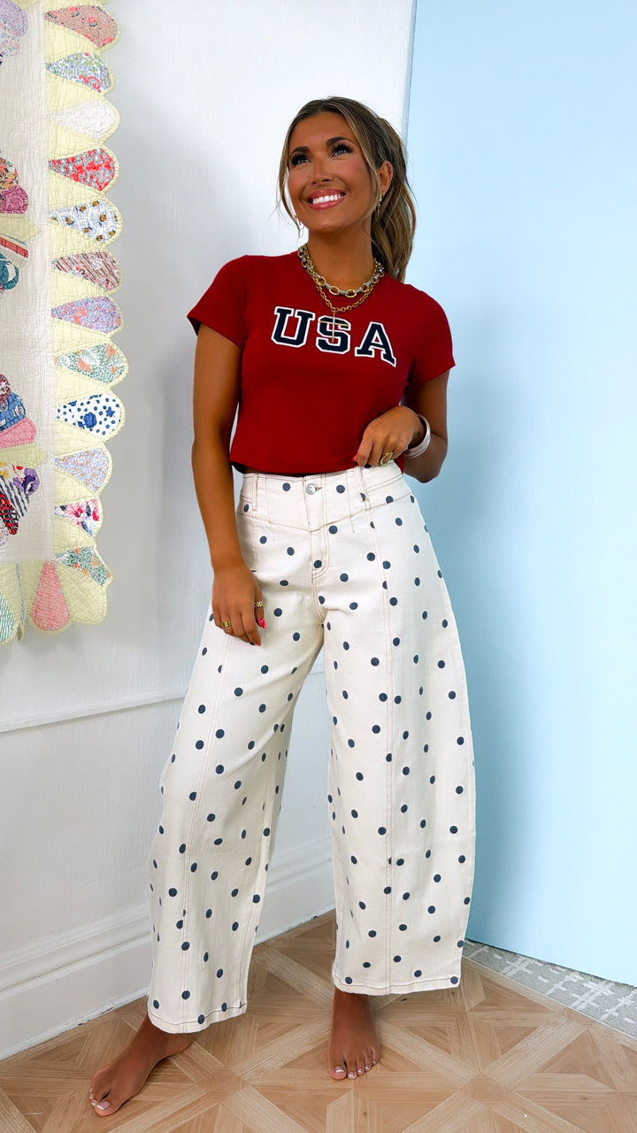 Polka Dot Twill Barrel Jeans, Cream/Navy