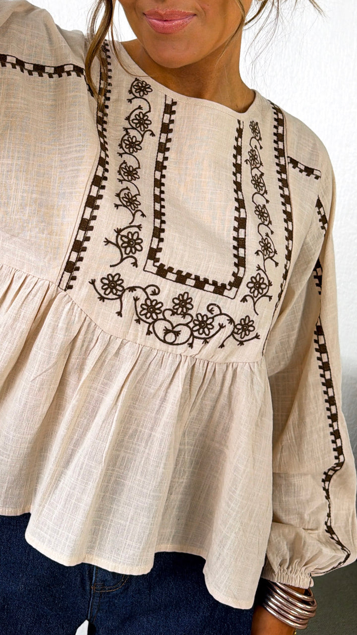 Genevieve Embroidered Blouse, Oatmeal