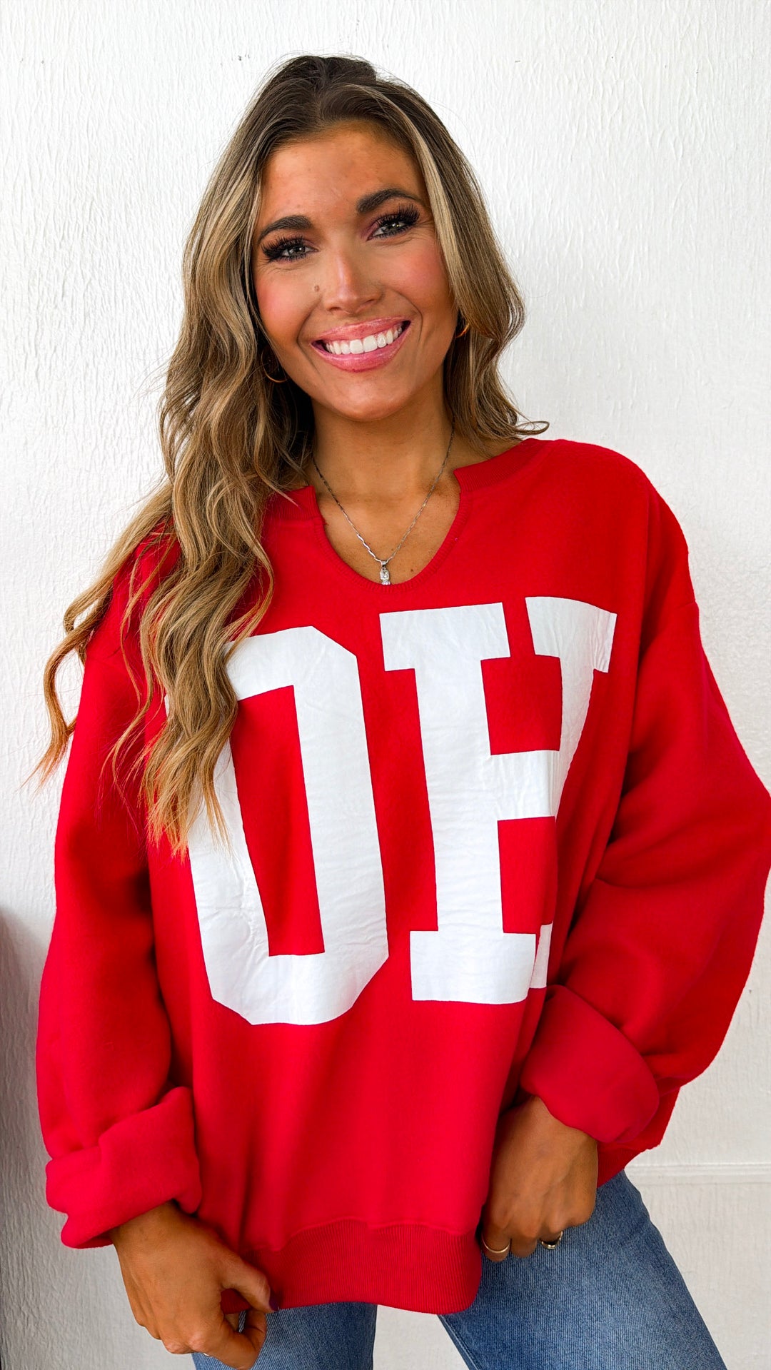 Reversible Split Crewneck, Red/White