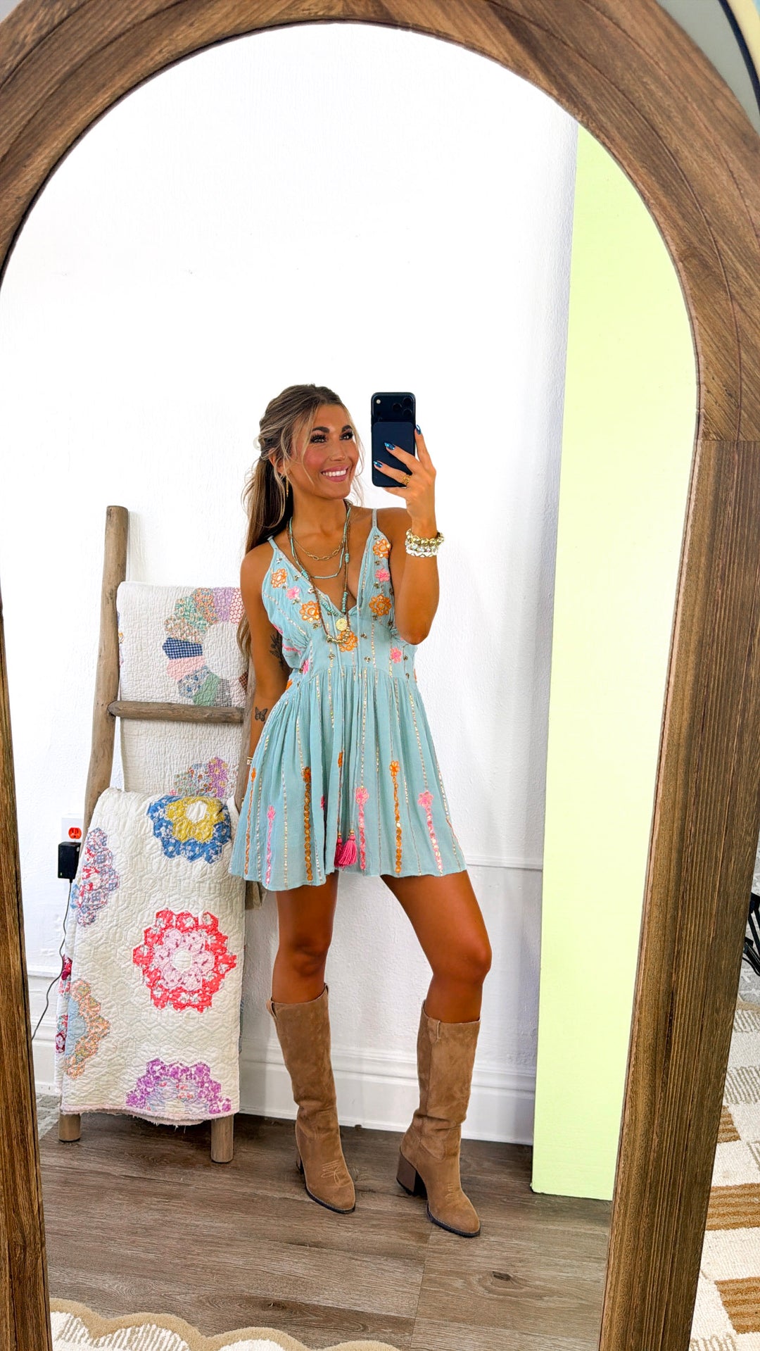 Sola Detailed Mini Dress, Lt. Seafoam