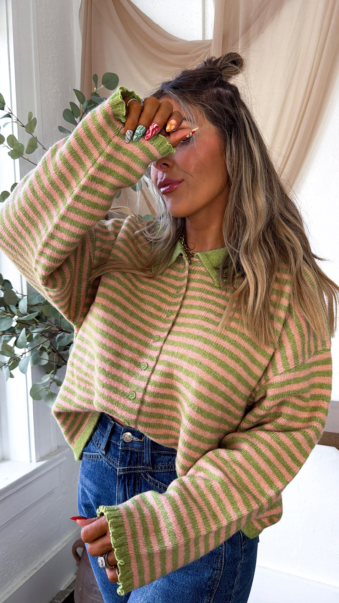 Stripe Button Up Cardigan, Olive/Pink