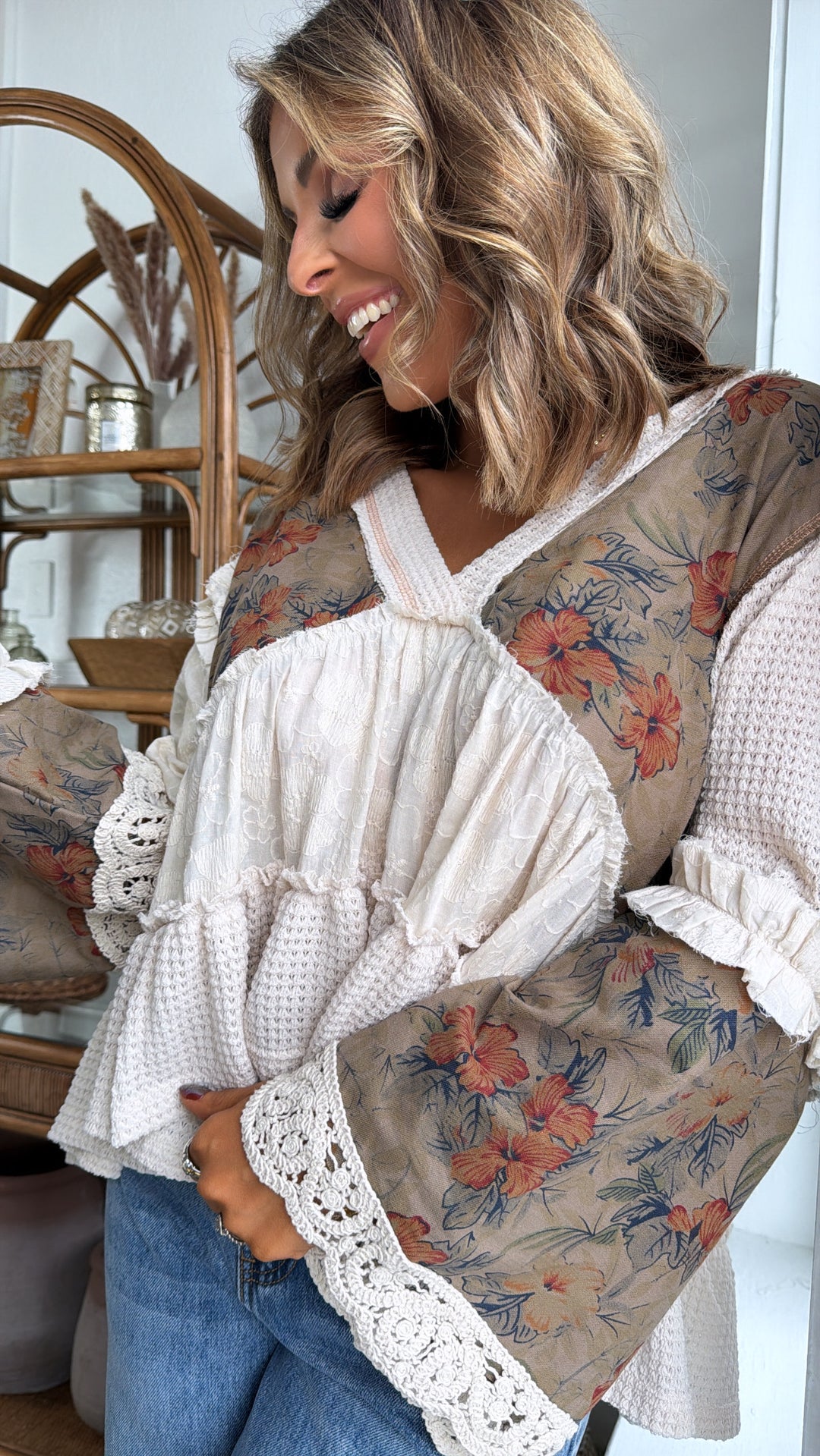 Hibiscus Blooms Patchwork Top, Cream Multi