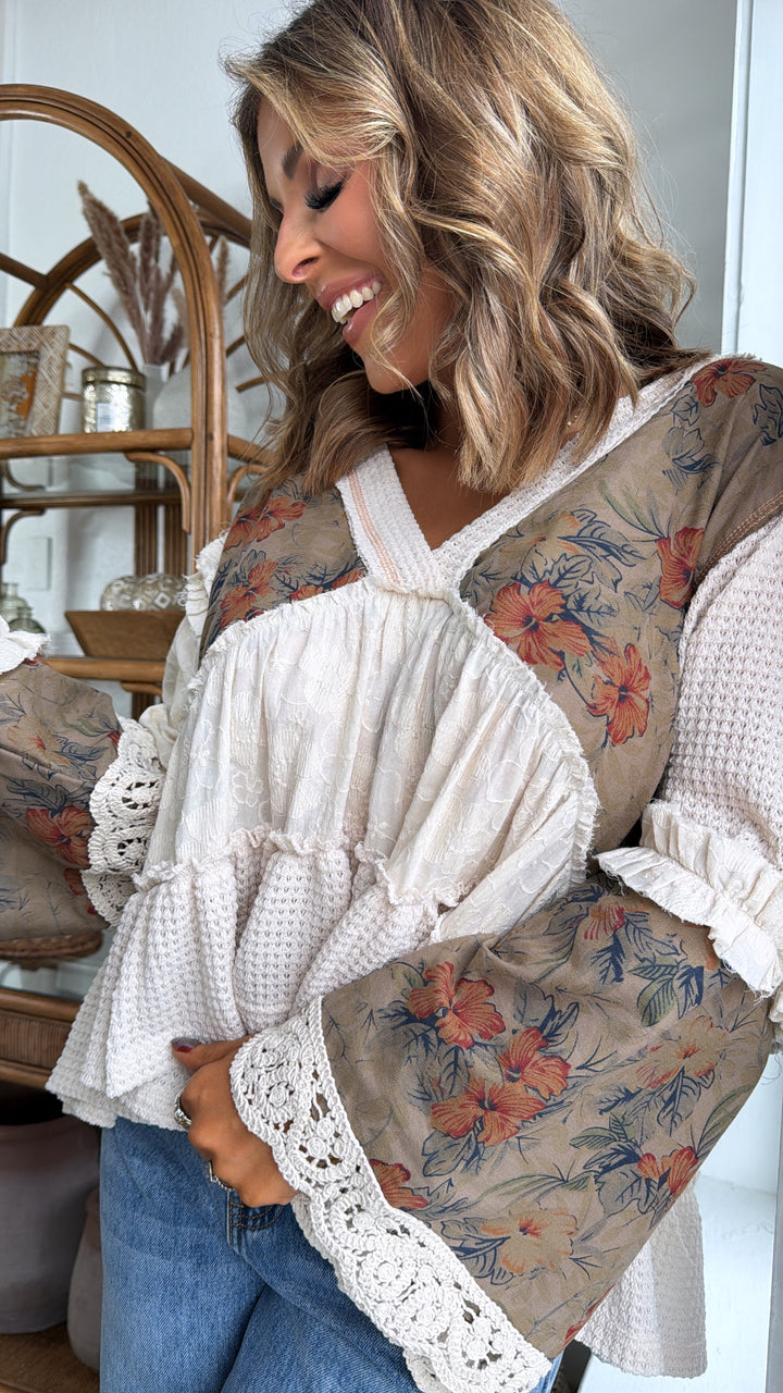 Hibiscus Blooms Patchwork Top, Cream Multi