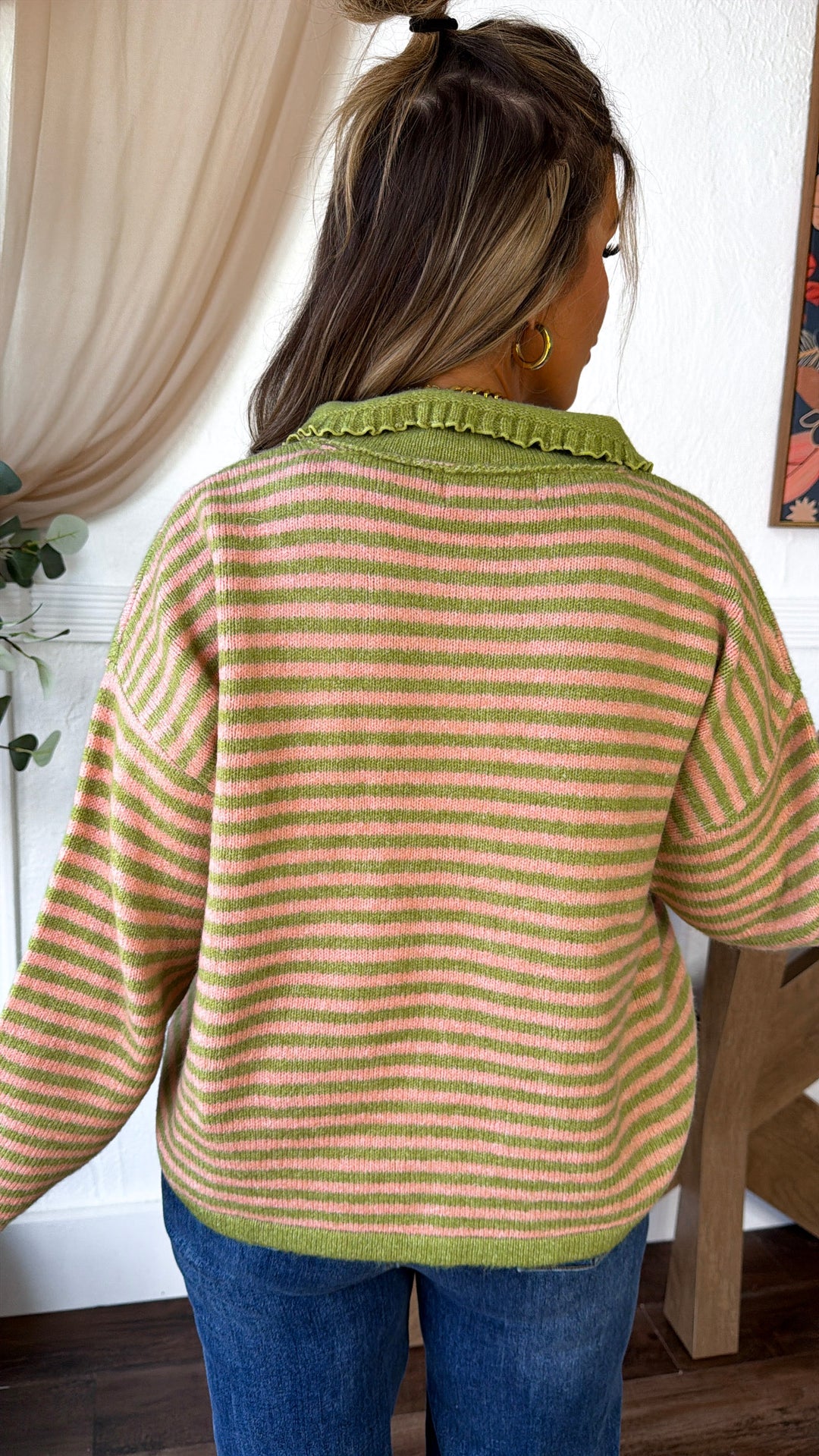 Stripe Button Up Cardigan, Olive/Pink
