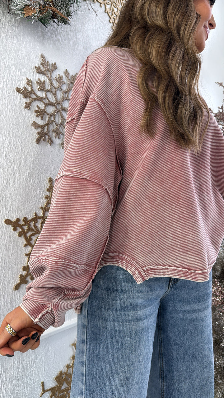DOORBUSTER: Acid Washed Ribbed Cropped Pullover, Winter Rose