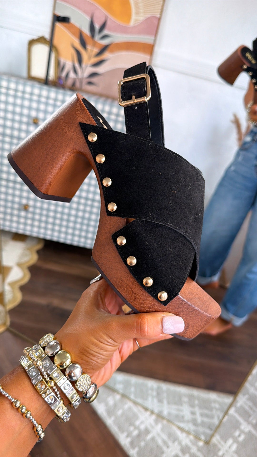 Suede Studded Heel, Black