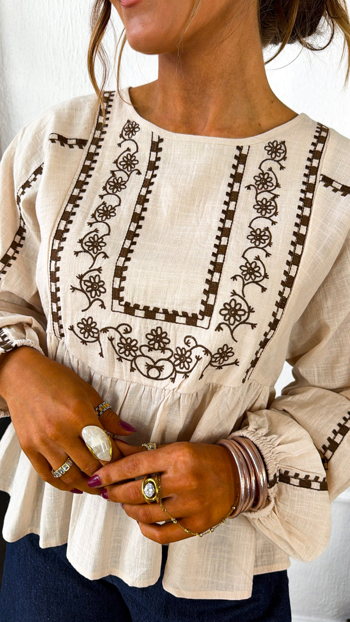Genevieve Embroidered Blouse, Oatmeal