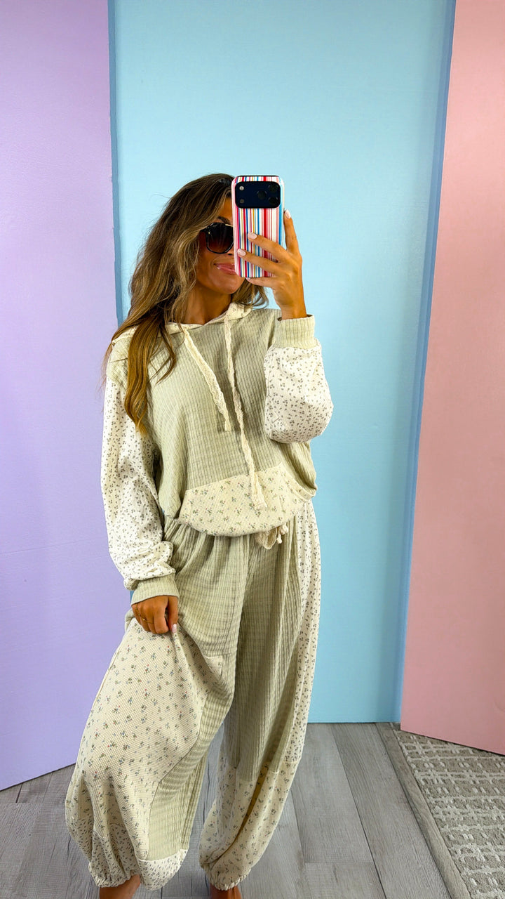 Floral & Waffle Knit Hoodie, Sage Multi