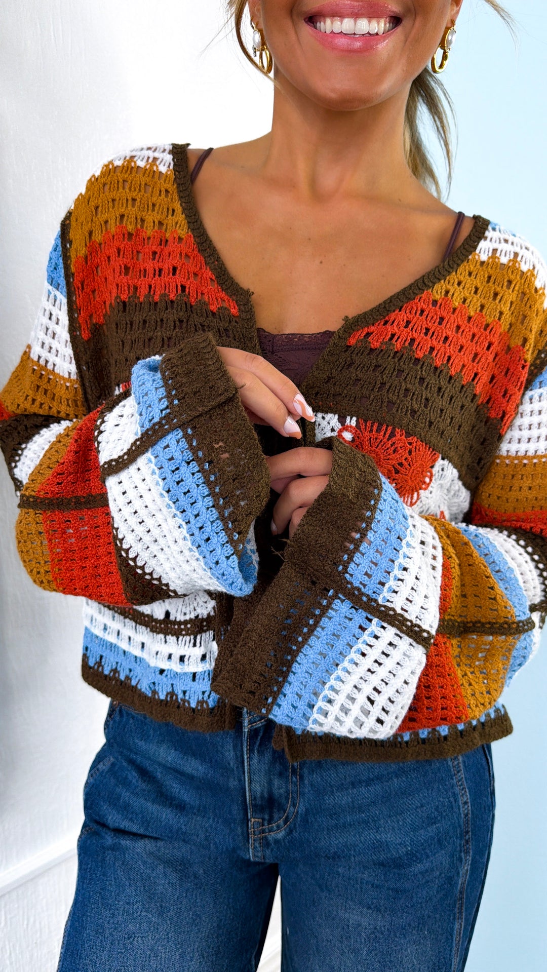 Ocean Stitch Knit Cardigan, Orange Multi