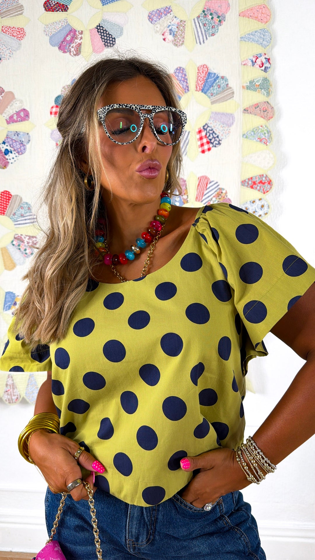 Beaming Sunlight Blouse, Lime/Navy
