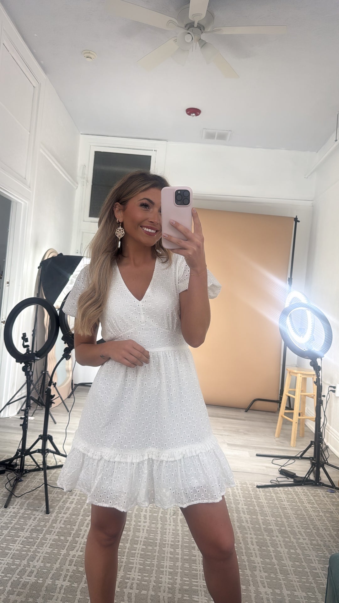 Eyelet V Neck Mini Dress, White Medium Eyelet V Neck Mini Dress, White Medium