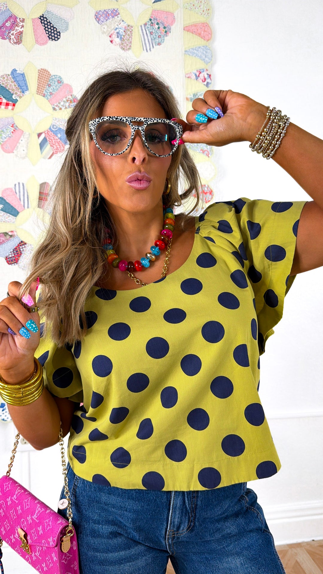 Beaming Sunlight Blouse, Lime/Navy