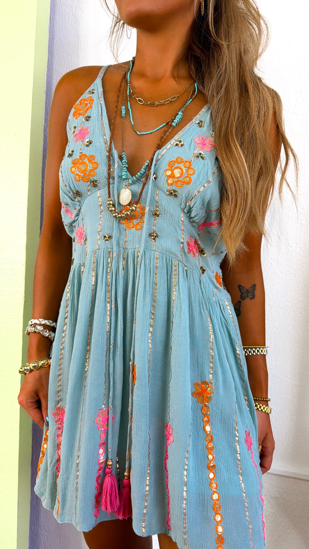 Sola Detailed Mini Dress, Lt. Seafoam