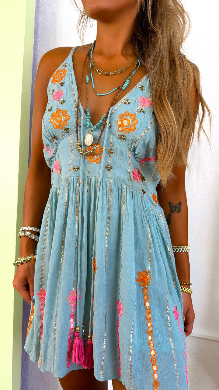Sola Detailed Mini Dress, Lt. Seafoam