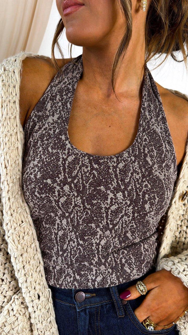 Snake Print Halter Top, French Roast