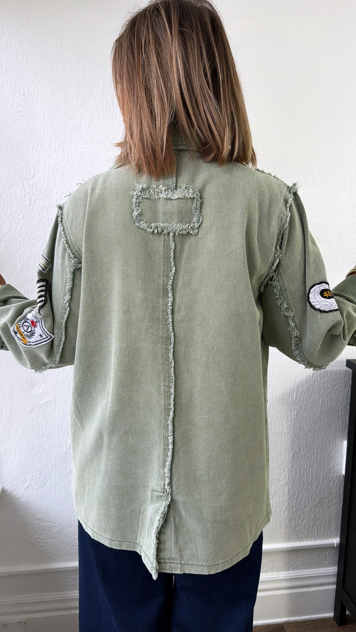Vintage Patched Military Blazer, Powder Matcha