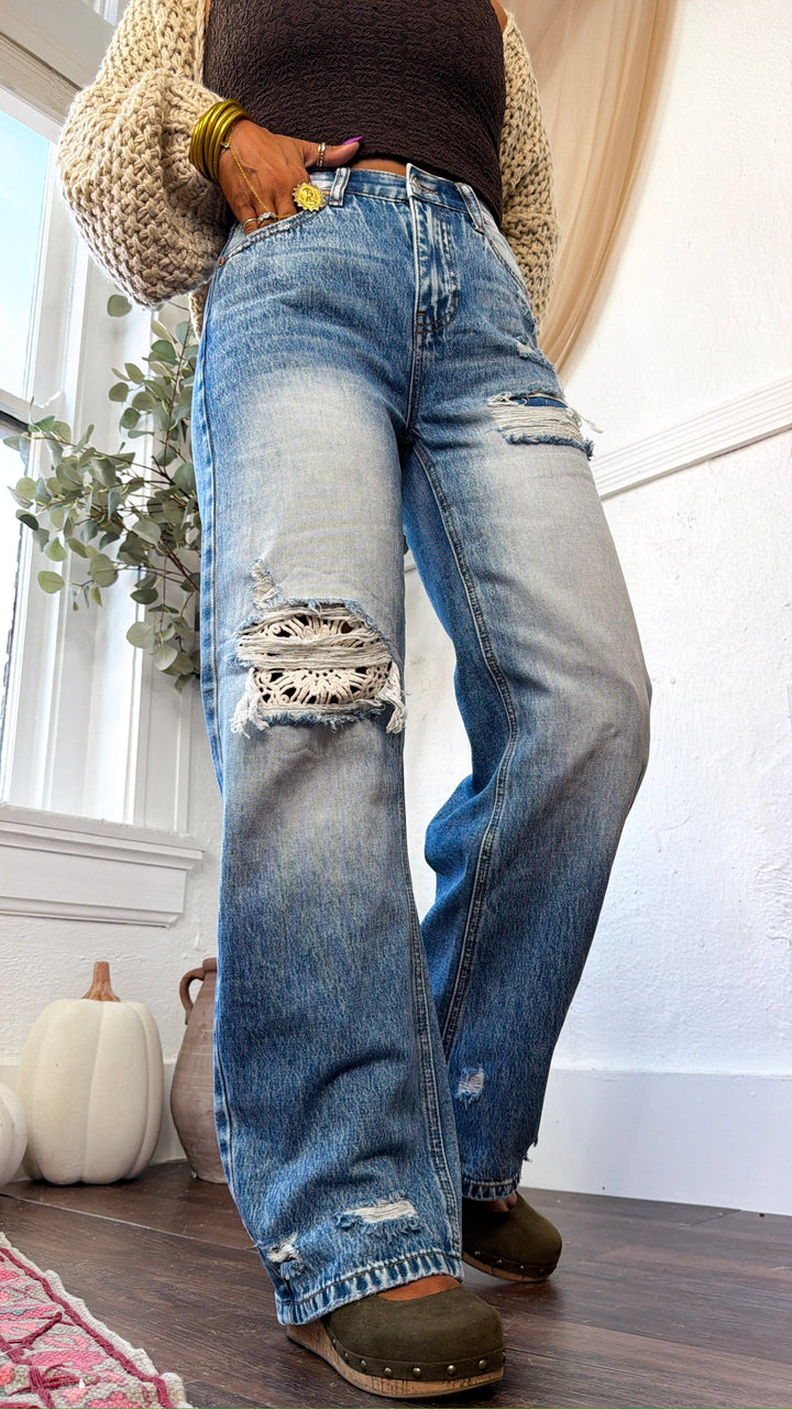 Crochet Distressed Detailed Jeans, Medium Light