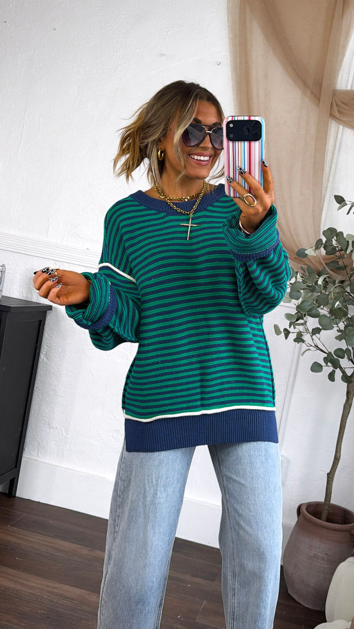Retro Stripe Sweater, Green Combo