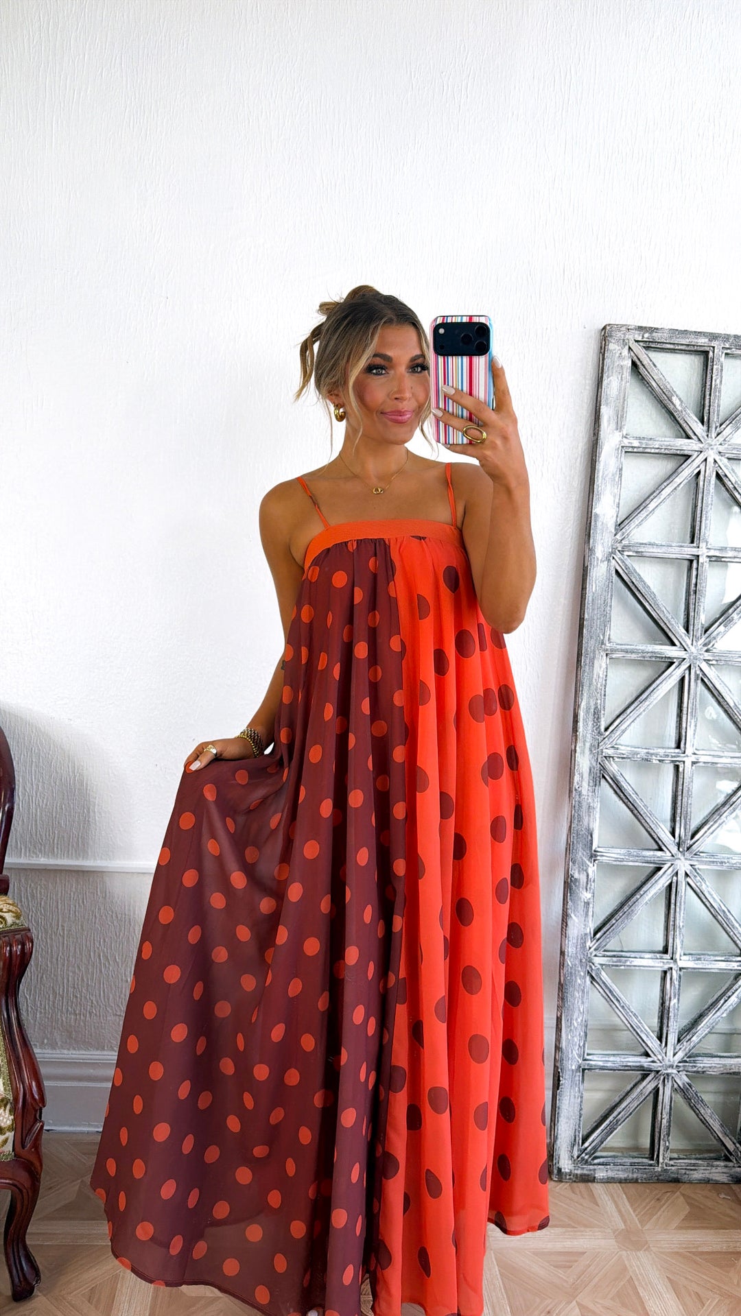 Polka Dot Color-Block Maxi Dress, Terracotta/Orange
