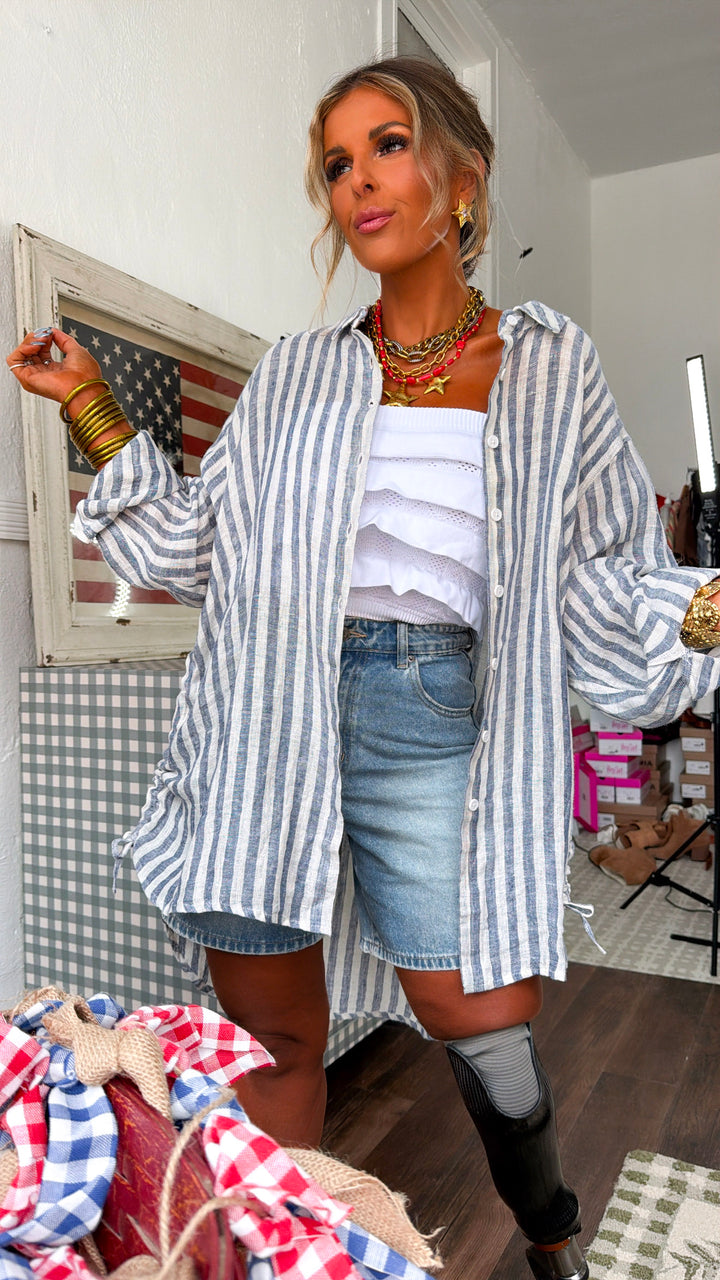 Adeline Striped Button Up, Navy Stripe