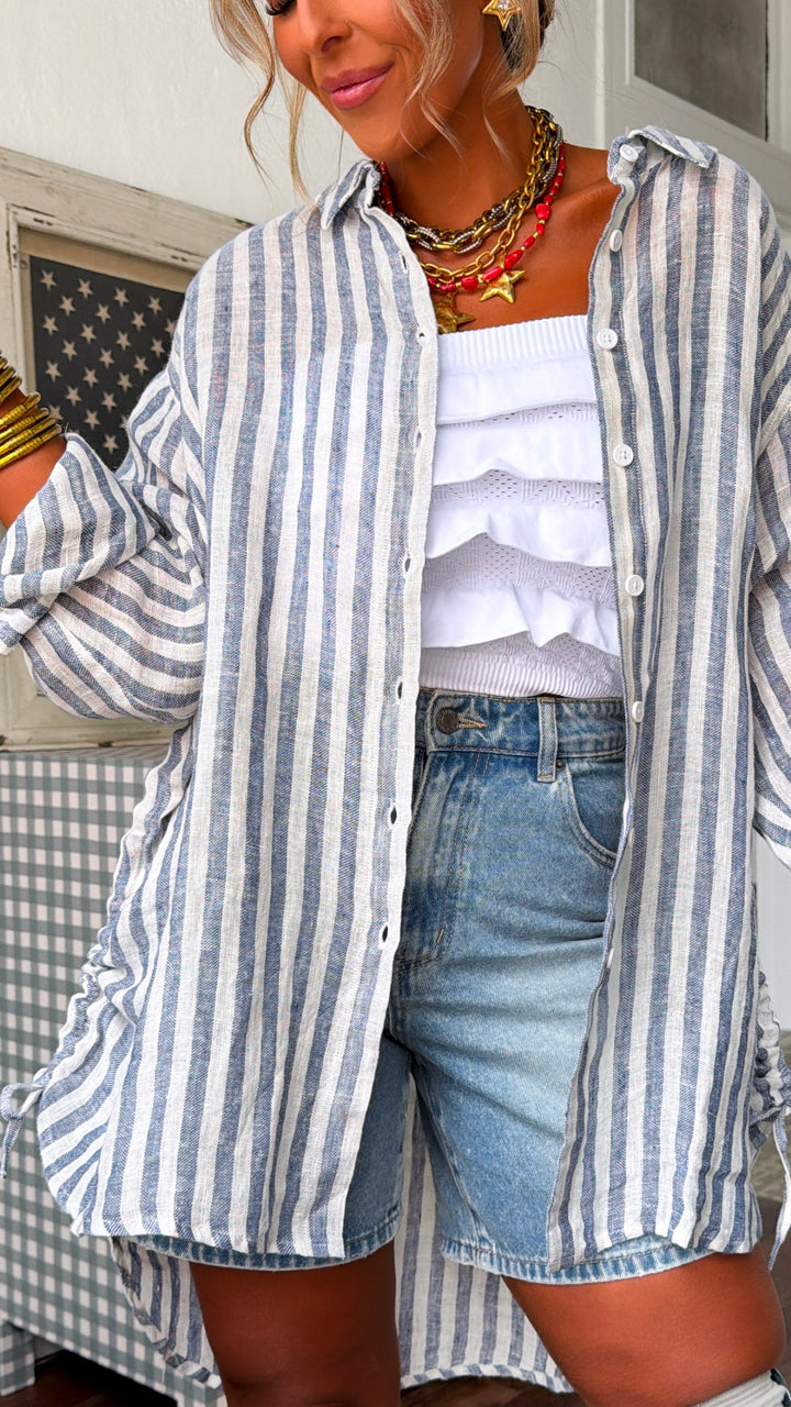 Adeline Striped Button Up, Navy Stripe