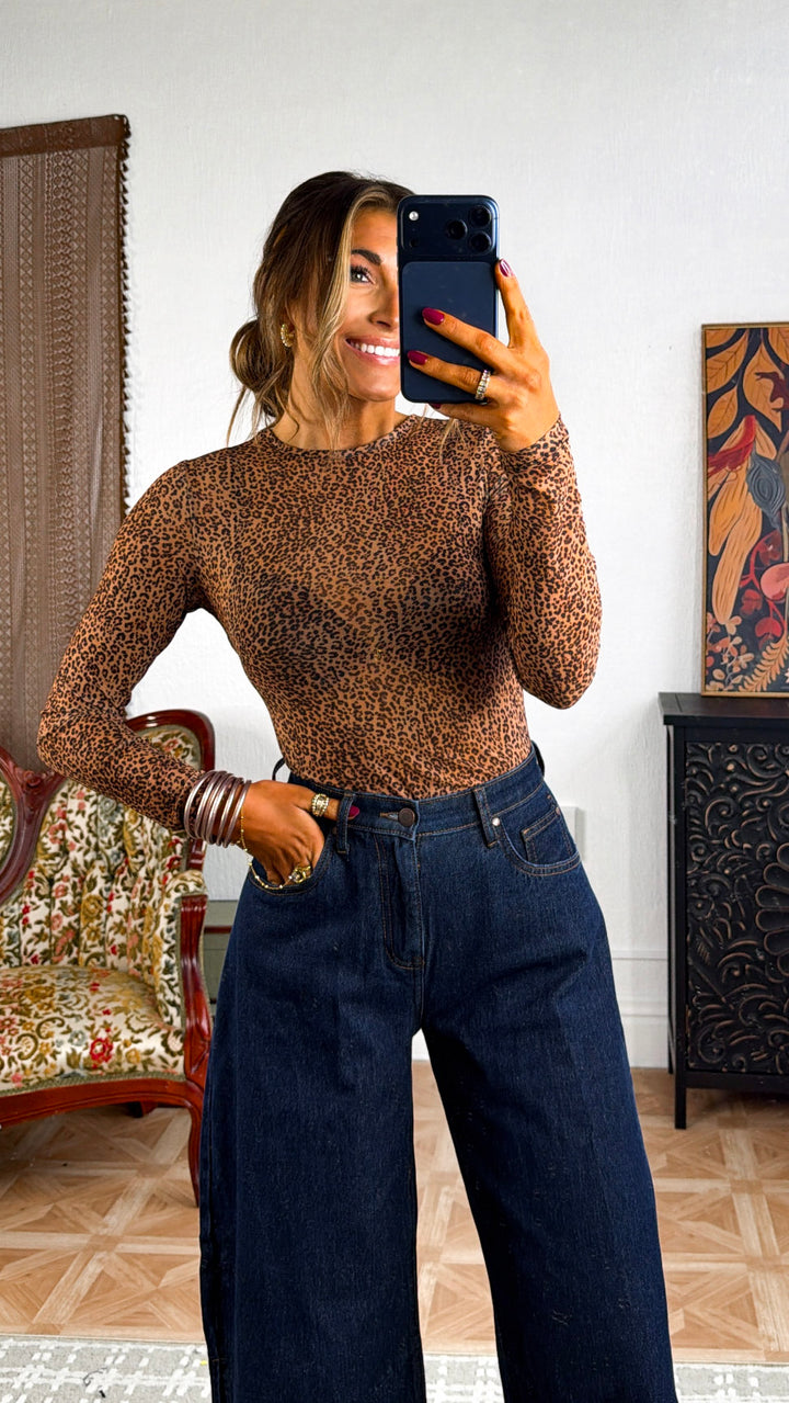 Leopard Mesh Bodysuit, Tawny Brown