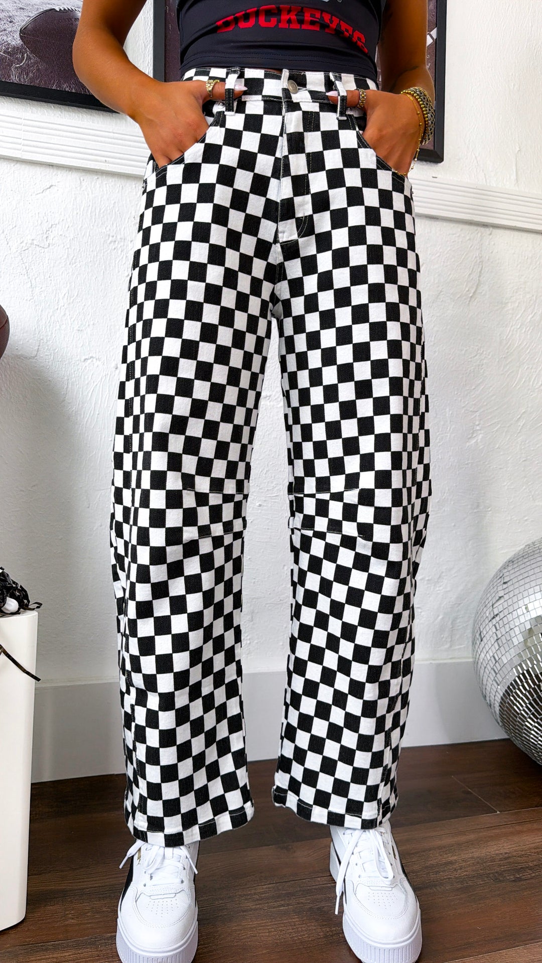 Racing Checkered Barrel Pants, Black
