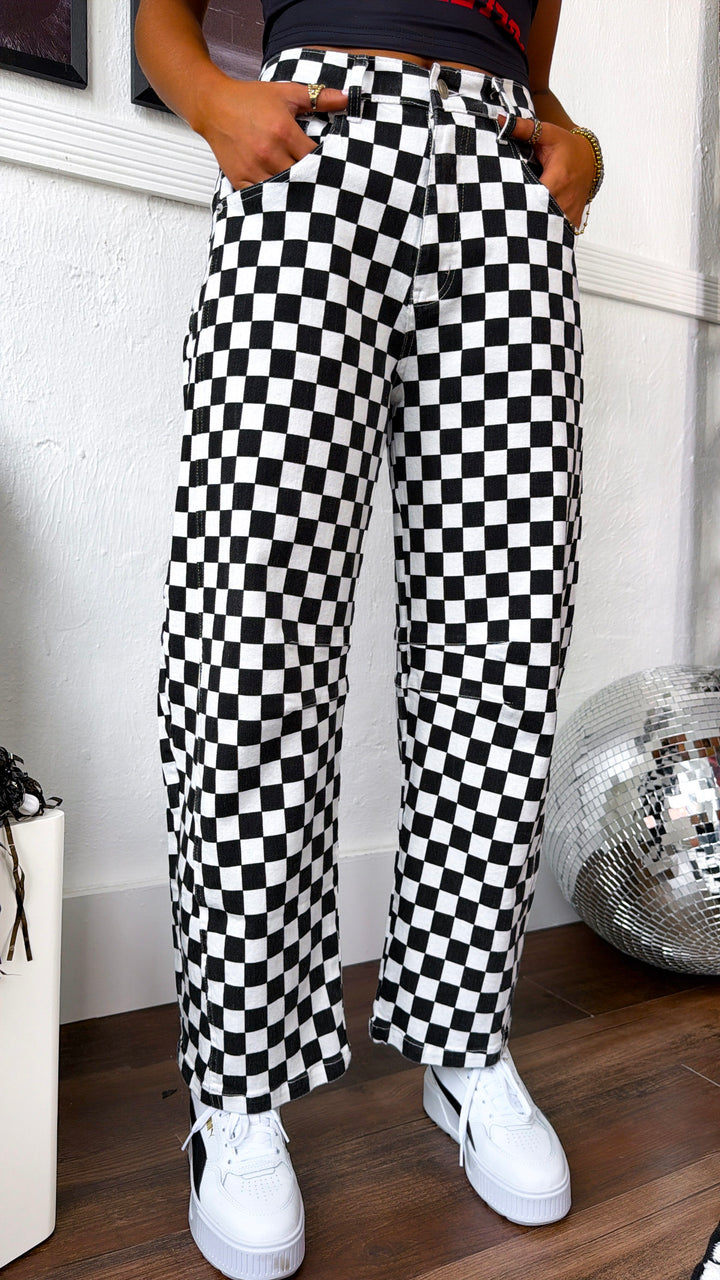 Racing Checkered Barrel Pants, Black