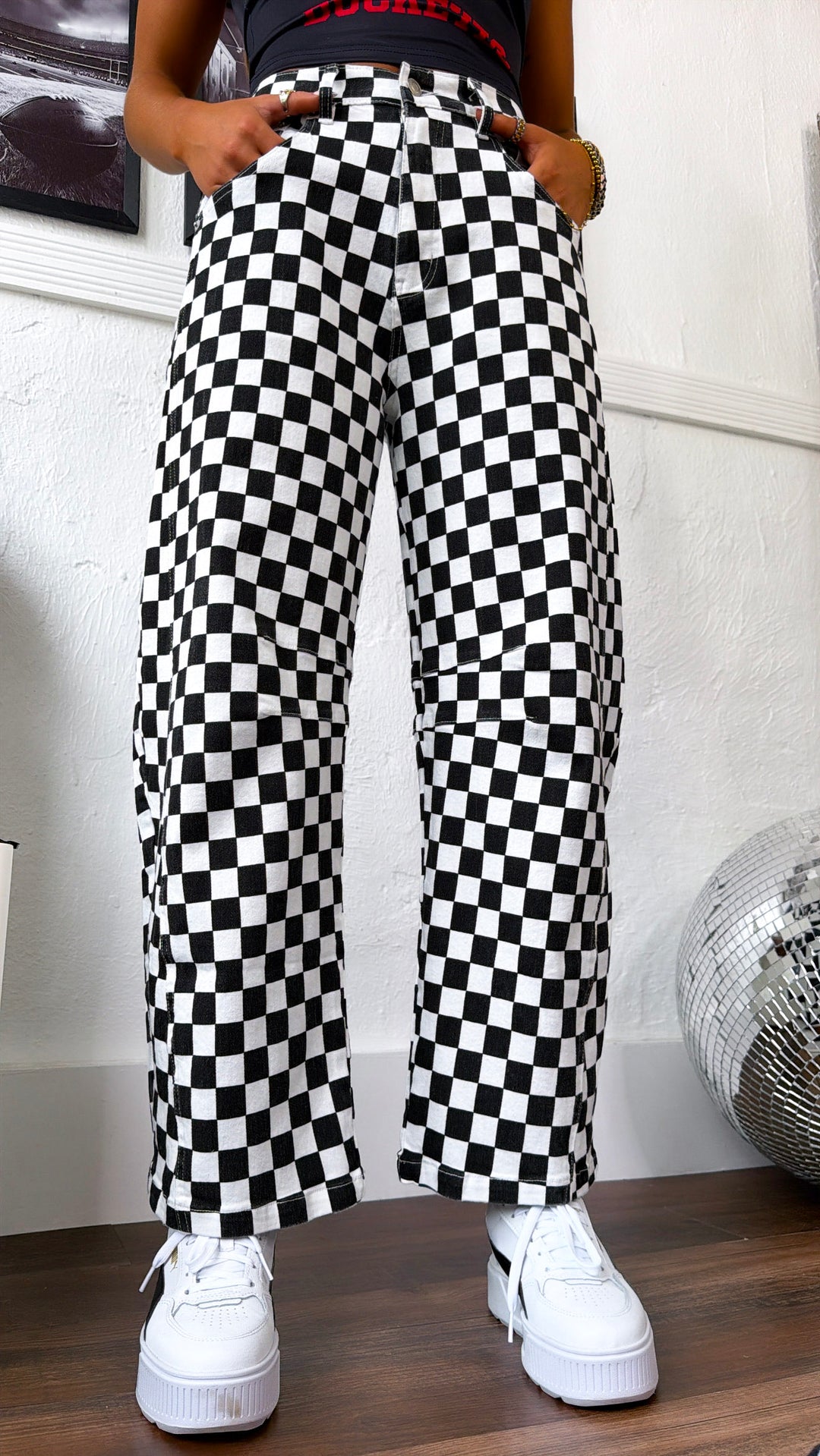 Racing Checkered Barrel Pants, Black