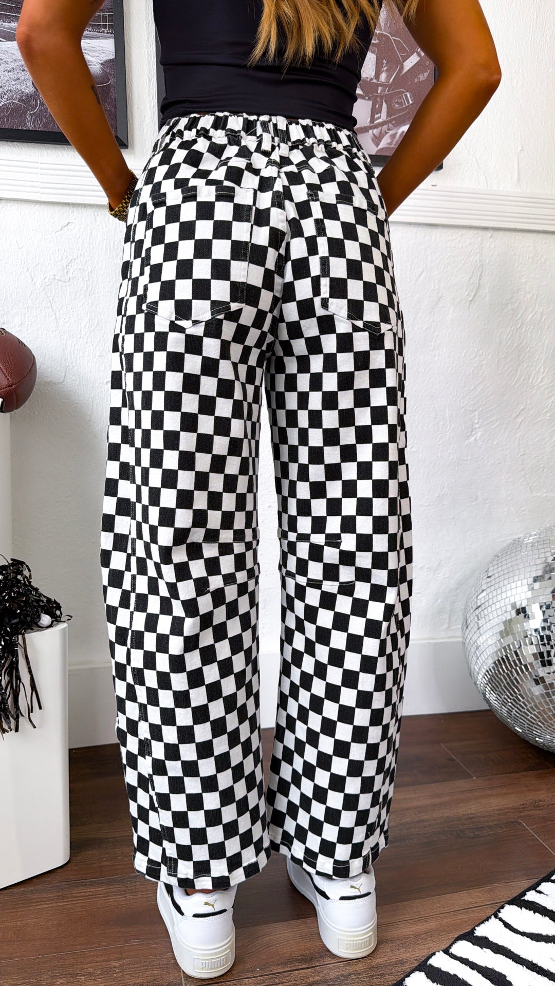 Racing Checkered Barrel Pants, Black