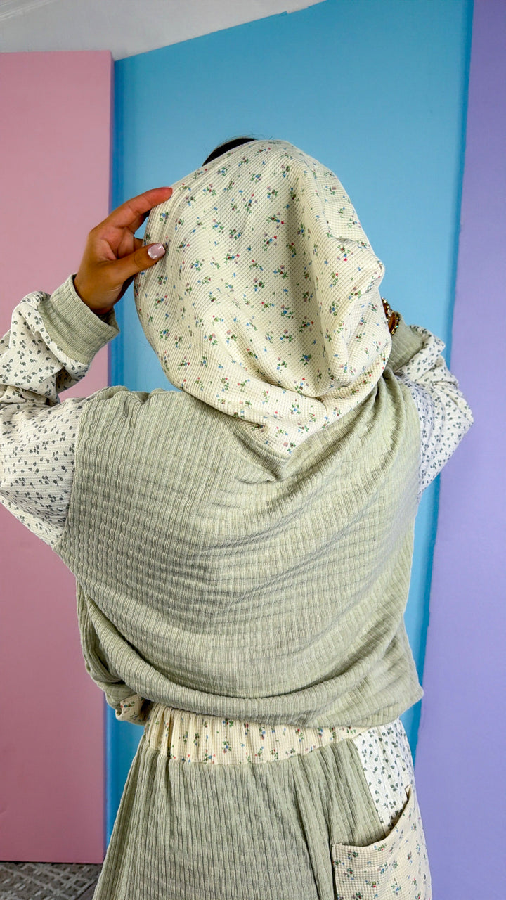 Floral & Waffle Knit Hoodie, Sage Multi