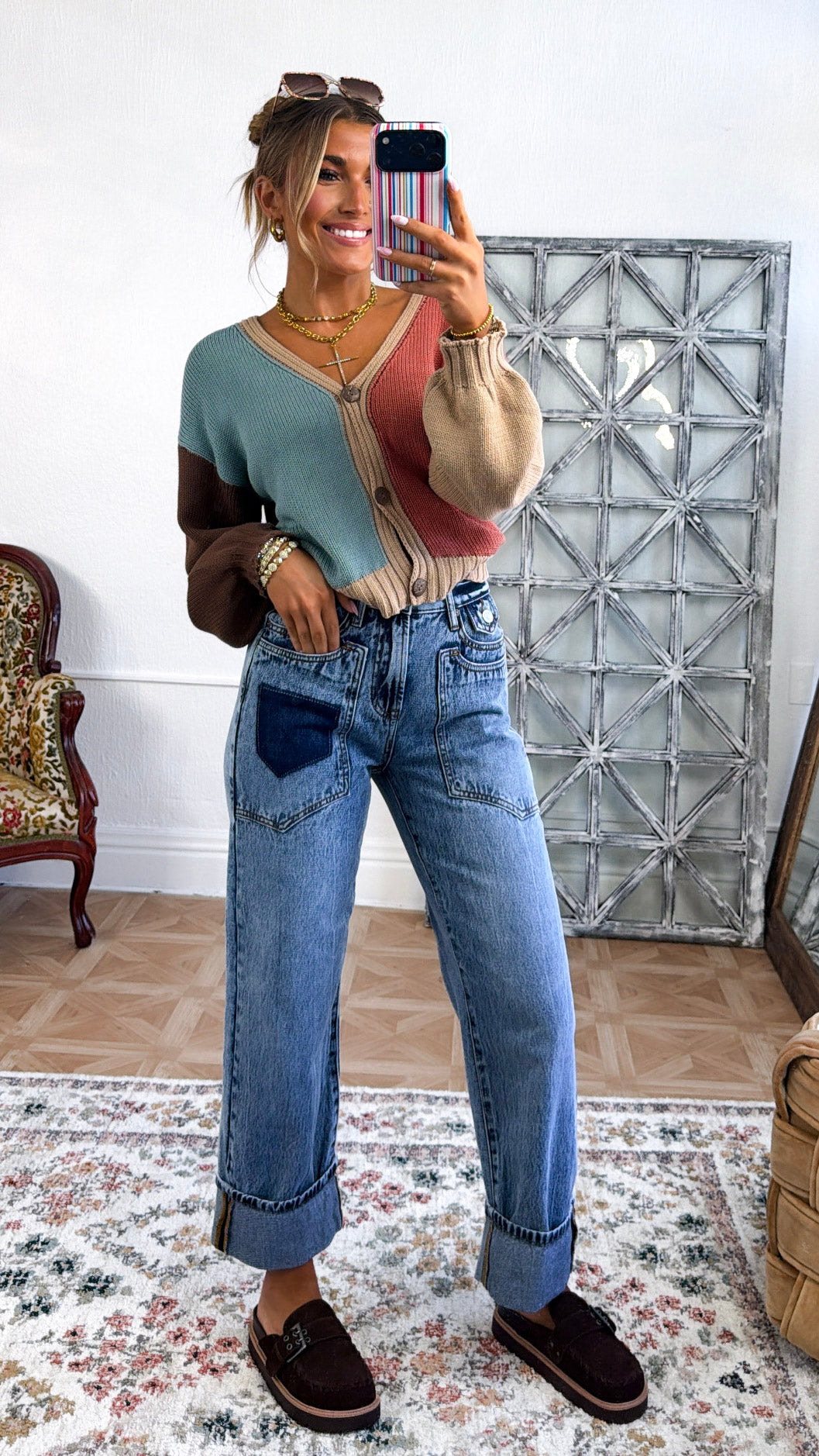 Soft Frame Knit Cardigan, Blue Multi