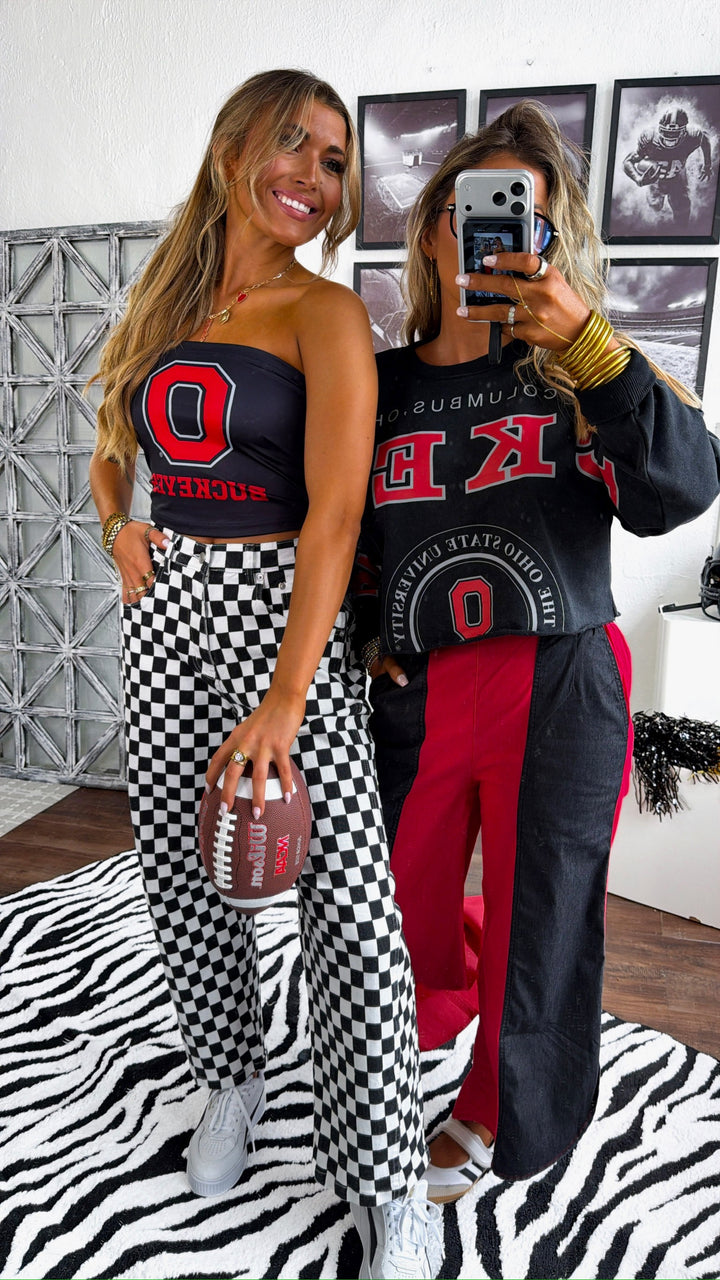 Racing Checkered Barrel Pants, Black