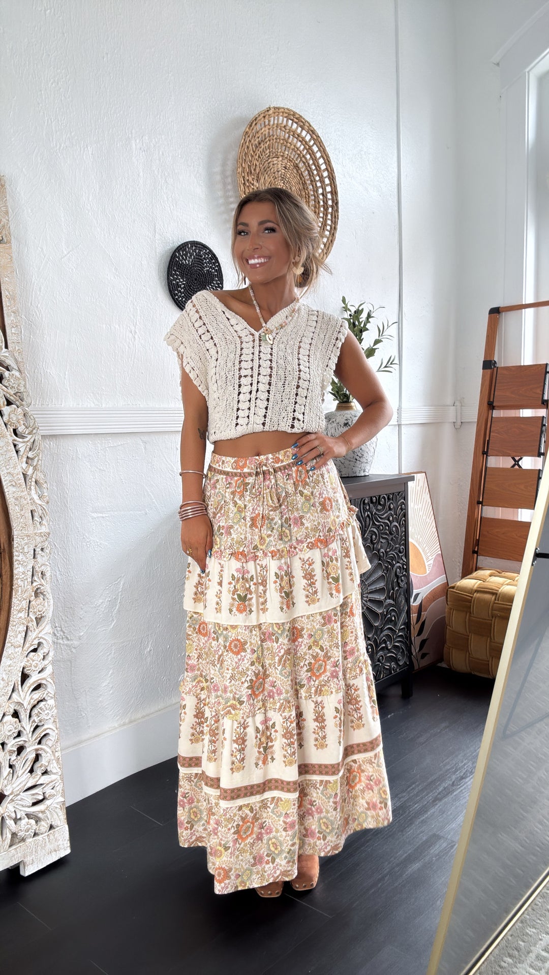 Garden Fields Maxi Skirt, Cream Multi