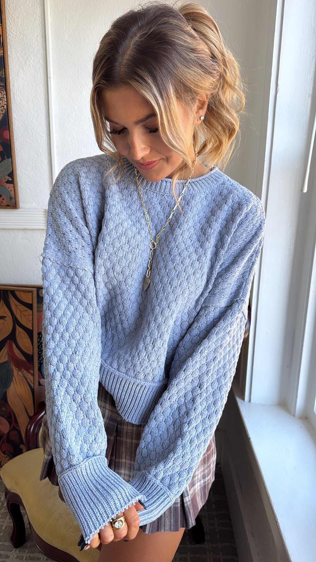 Frosted Weave Textured Sweater, Cloud Blue