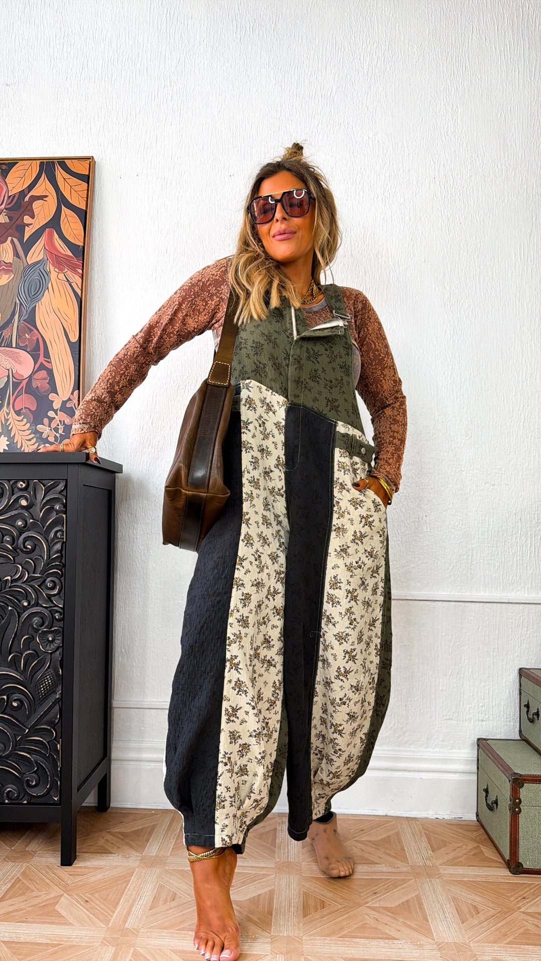 ECB Exclusive: Ruth Overall Bib, Olive Navy Floral