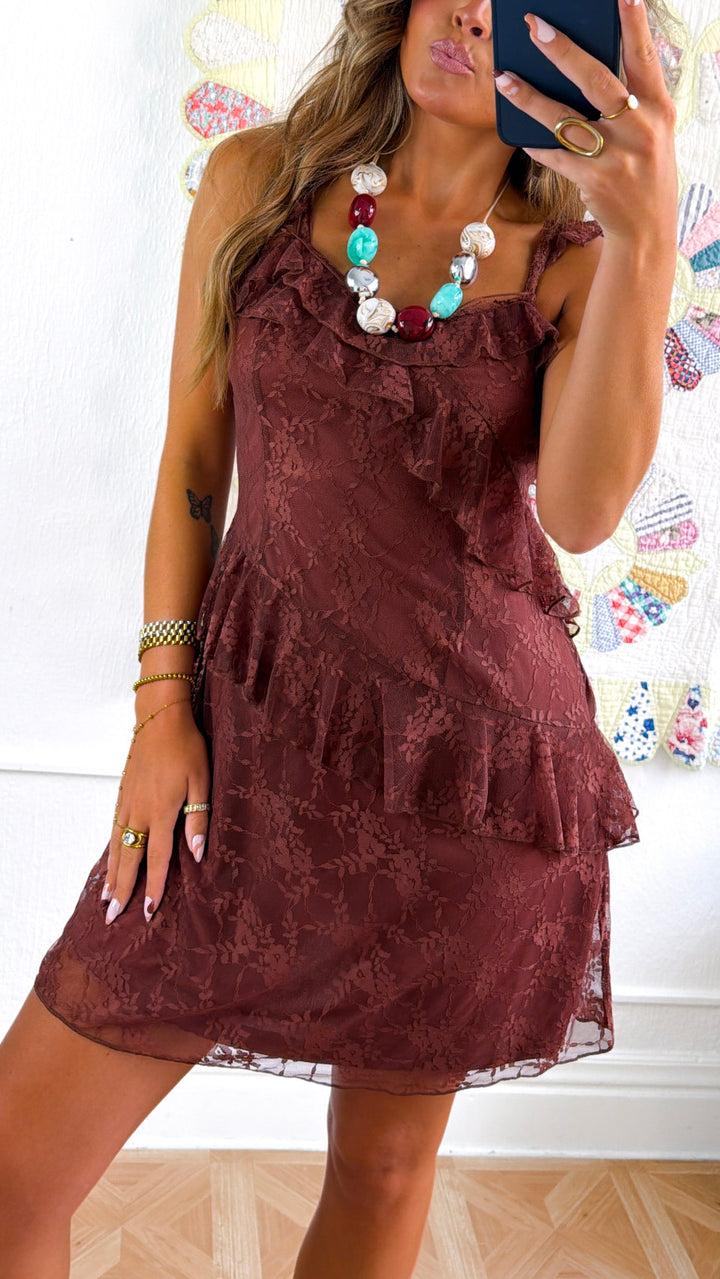 Pure Heart Ruffled Mini Dress, Brown
