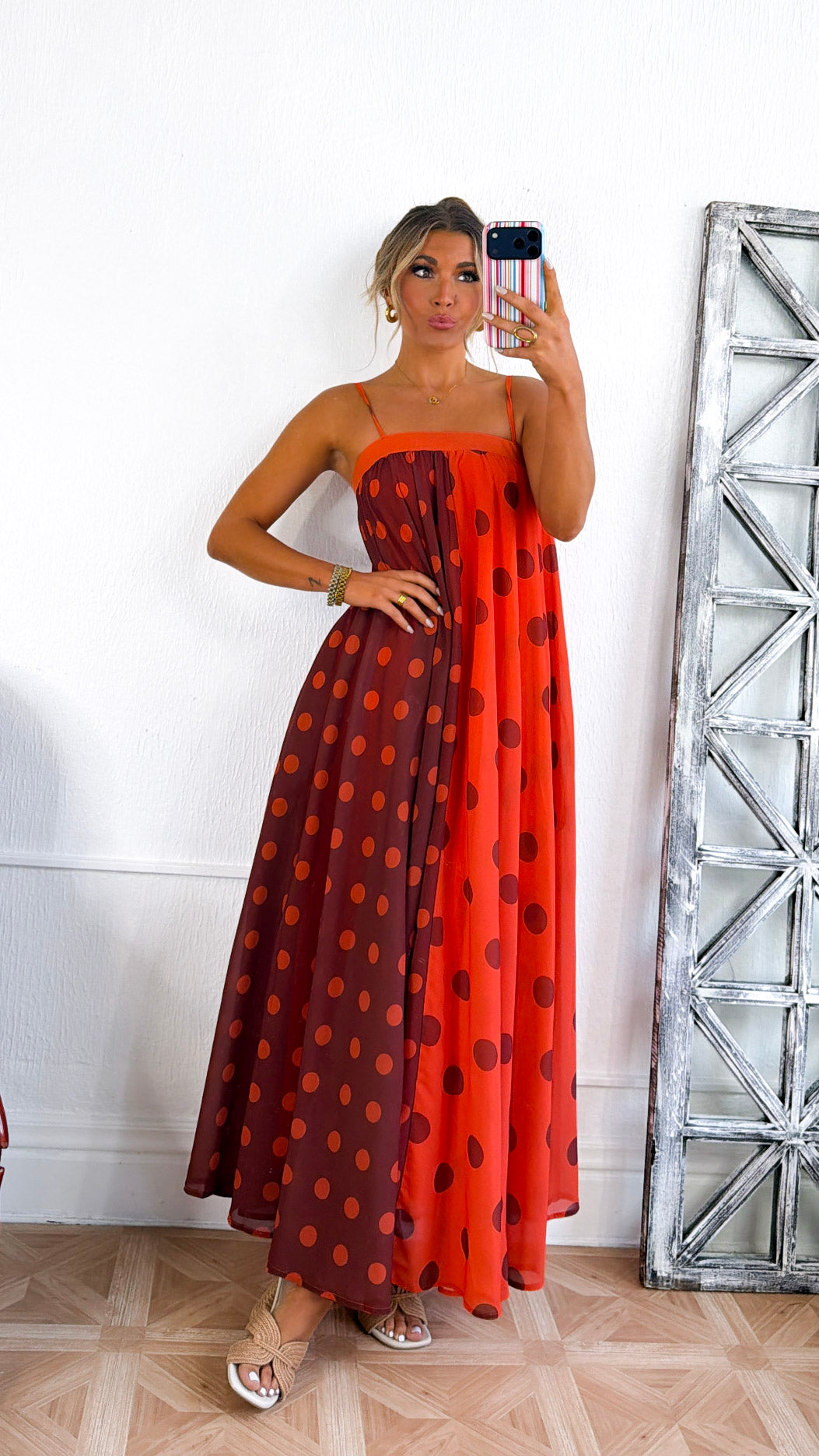 Polka Dot Color-Block Maxi Dress, Terracotta/Orange