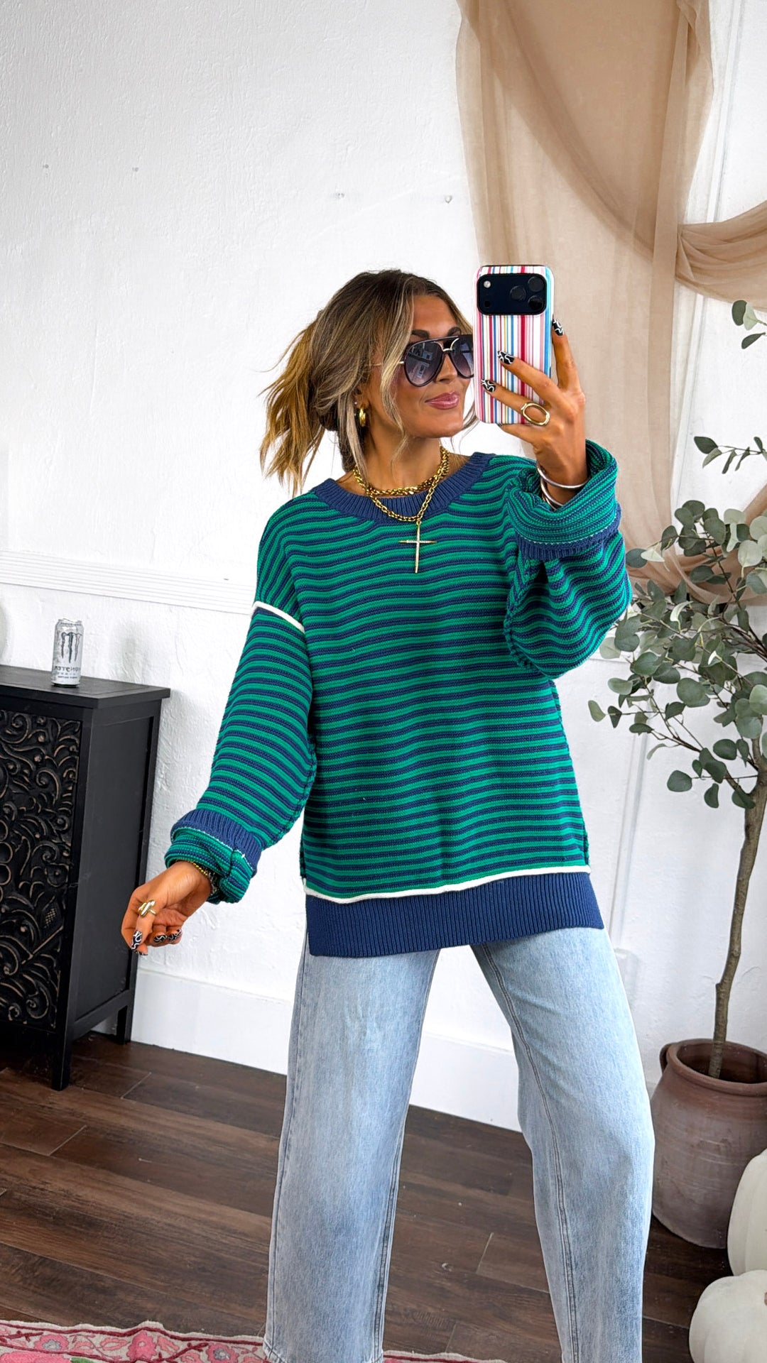 Retro Stripe Sweater, Green Combo